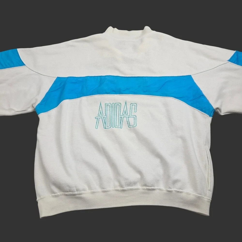 Adidas Pullover Jacket XL White Blue 1/4 Zip Vintage 80s Streetwear Colorblock